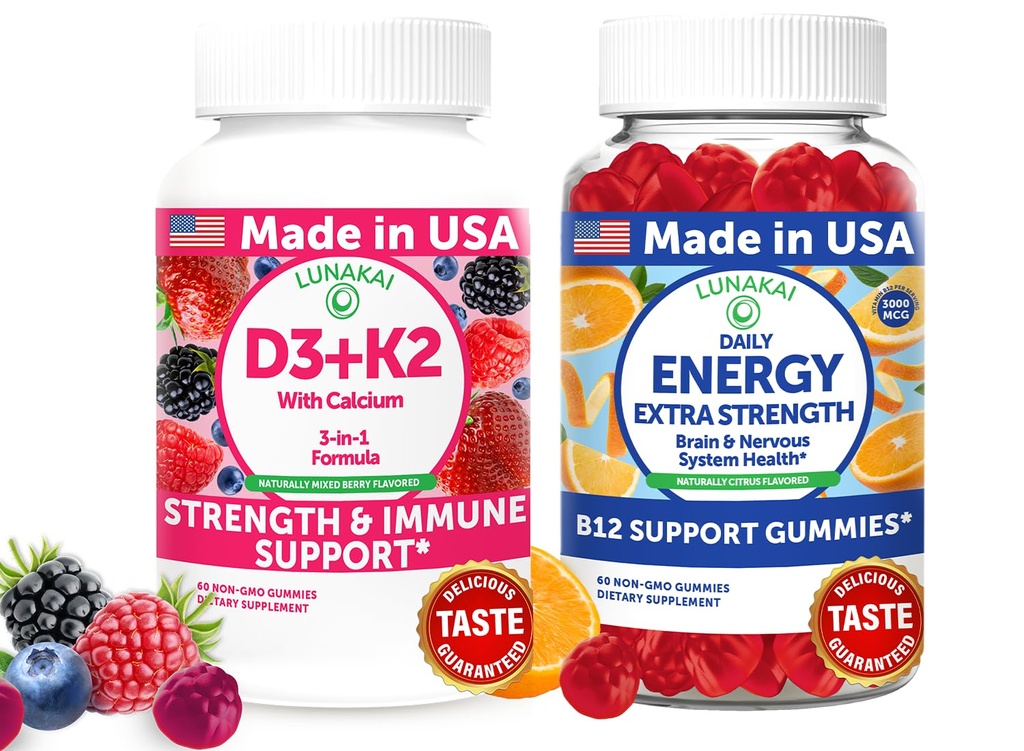Lunakai USA Made D3+K2 con Calcium & Energy B12 Gummies Bundle – Vegan, Non OGM – 60 Gummies Ogni