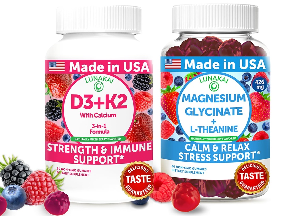 Lunakai USA Made D3+K2 con Calcium & Magnesio Glycinate + L-Teanina Gummies Bundle – 60 Gummie non OGM
