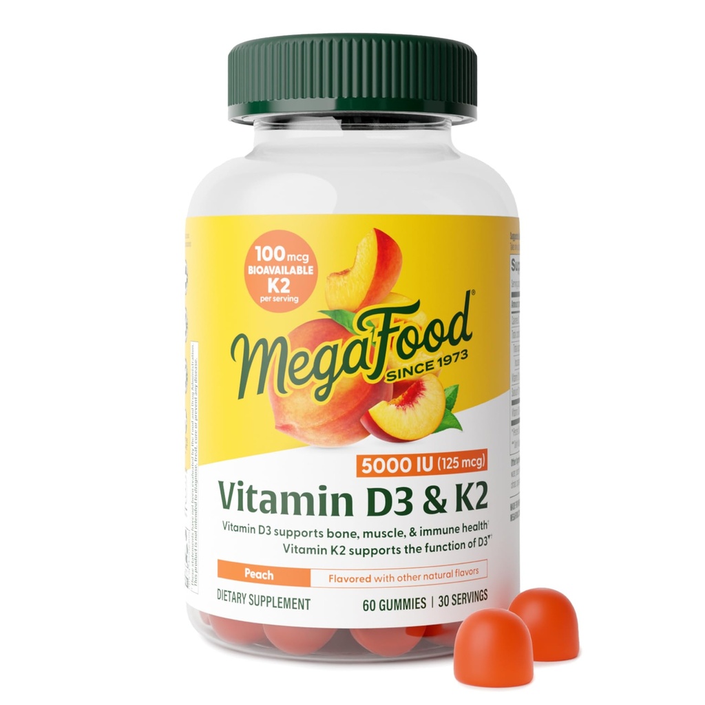 MegaFood Vitamin D3 K2 Gummie - Vitamin D 5000 IU für Knochen & Immune Gesundheit Plus Unterstützung für optimale Calciumabsorption - Peach Flavor, Pectin Based - 60 Vegetarische D3 und K2 Nahrungsergänzungsmittel, 30 Portionen