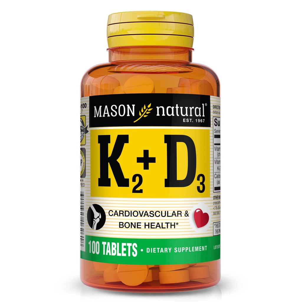 MASON NATURAL Vitamin K2 + D3, 100,Tagesversorgung, mit Kalzium für normale Knochen- und Muskelunterstützung, Tabletten