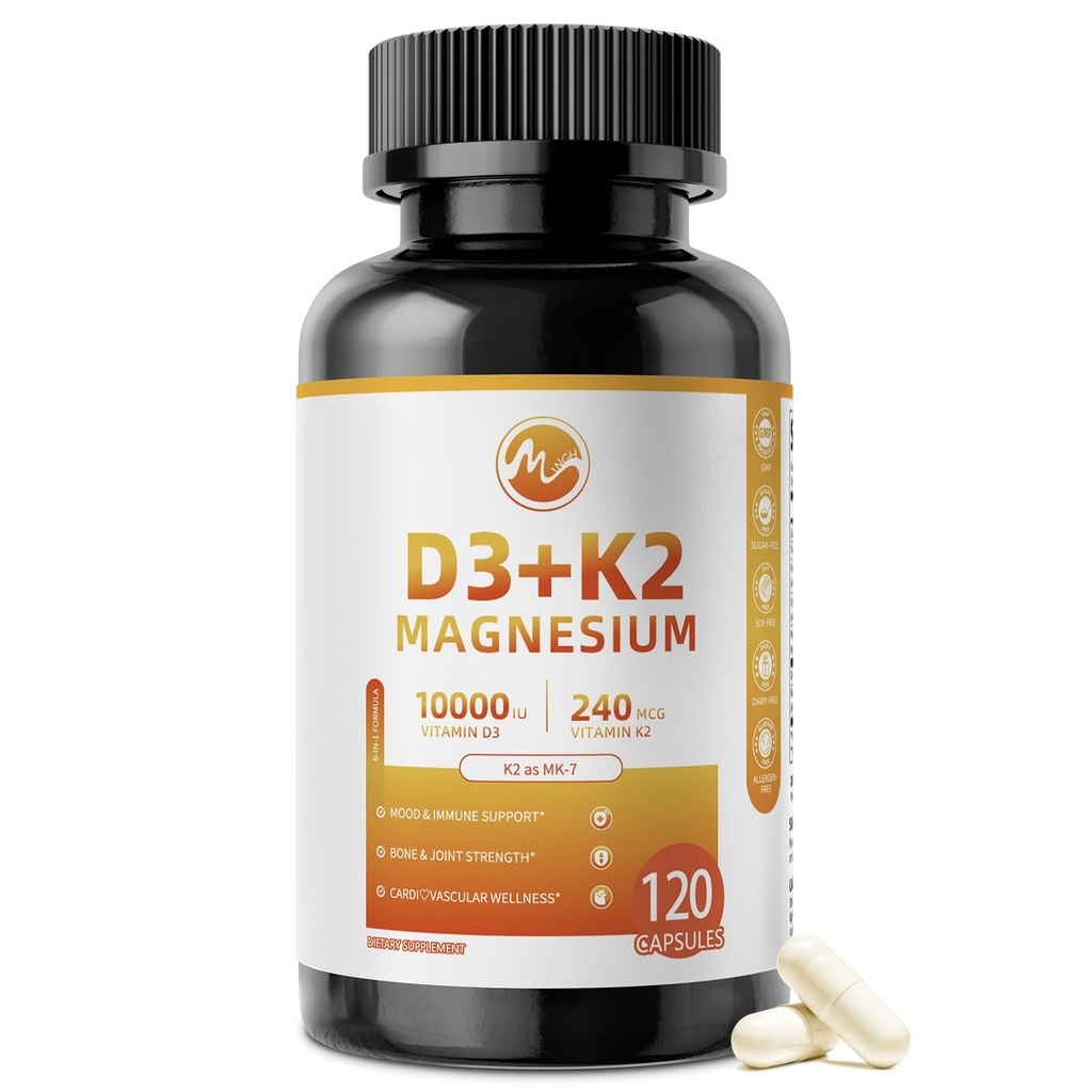 M inch Vitamine D3 K2 avec Magnésium, Vitamine D3 10000 UI, Vitamine K2 MK-7 240 mcg, 6-en-1 K2 D3 Supplément de vitamine avec Quercetine pour Bone, Immune & Moo*d Support, Très Biodisponible, 120 Capsules