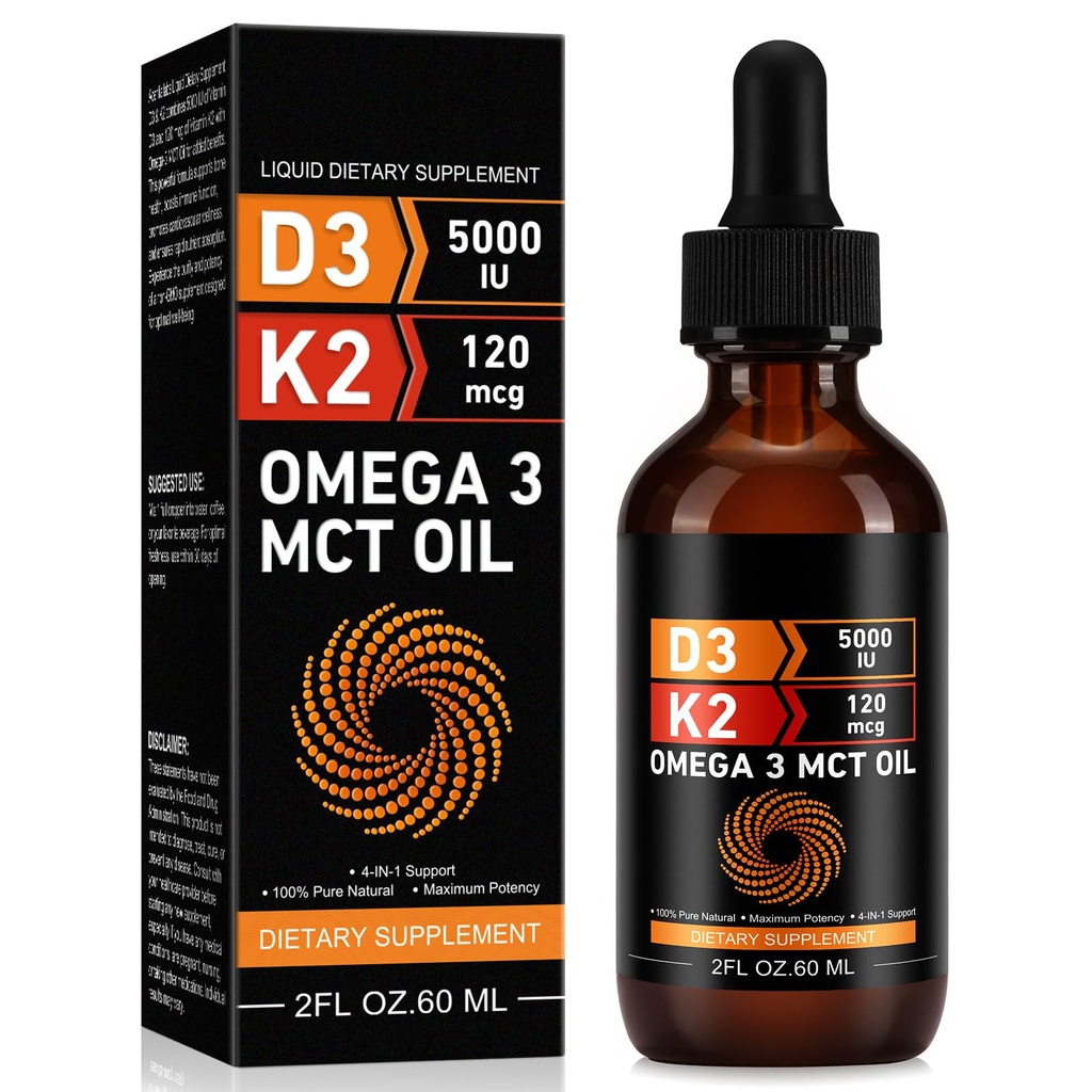 Daiasns Vitamin D3 5000 IE & K2 (MK-7) 120 mcg 60ml Tropfen mit MCT-Öl Omega 3, flüssige Vitamin D3 & K2 Ergänzungen - 2 Monate Versorgung - Unterstützt Knochen, Zähne, Stimmung & Immunsystem, Kalziumabsorption