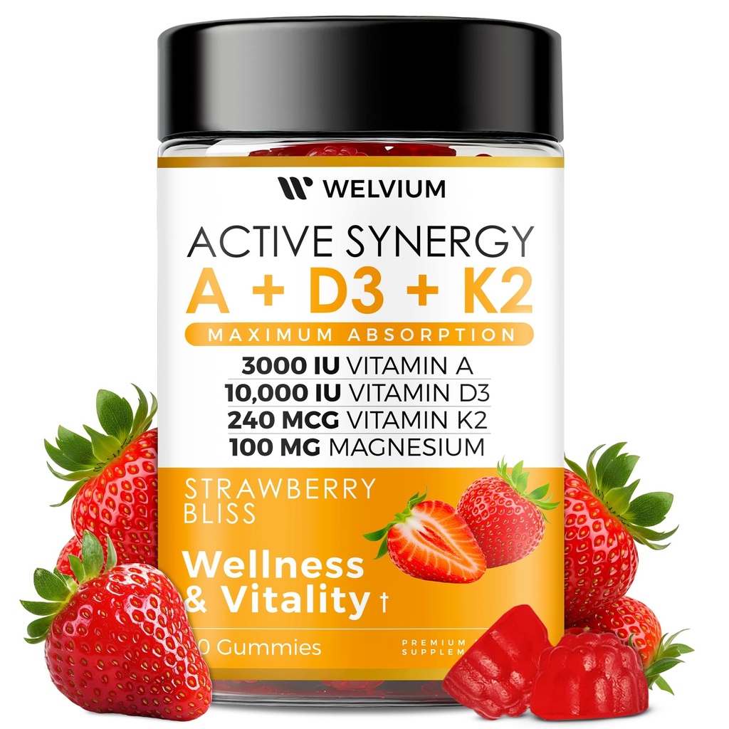 Vitamina D3 K2 Gummies 10000 IU con Magnesio Glycinate, Calcio, B12, K2 MK-7, Vitamine A, E, Lutein, Zeaxantina - ADK Chewable Supplement per Bone, Occhio, Supporto immunitario - D3K2 Gummies