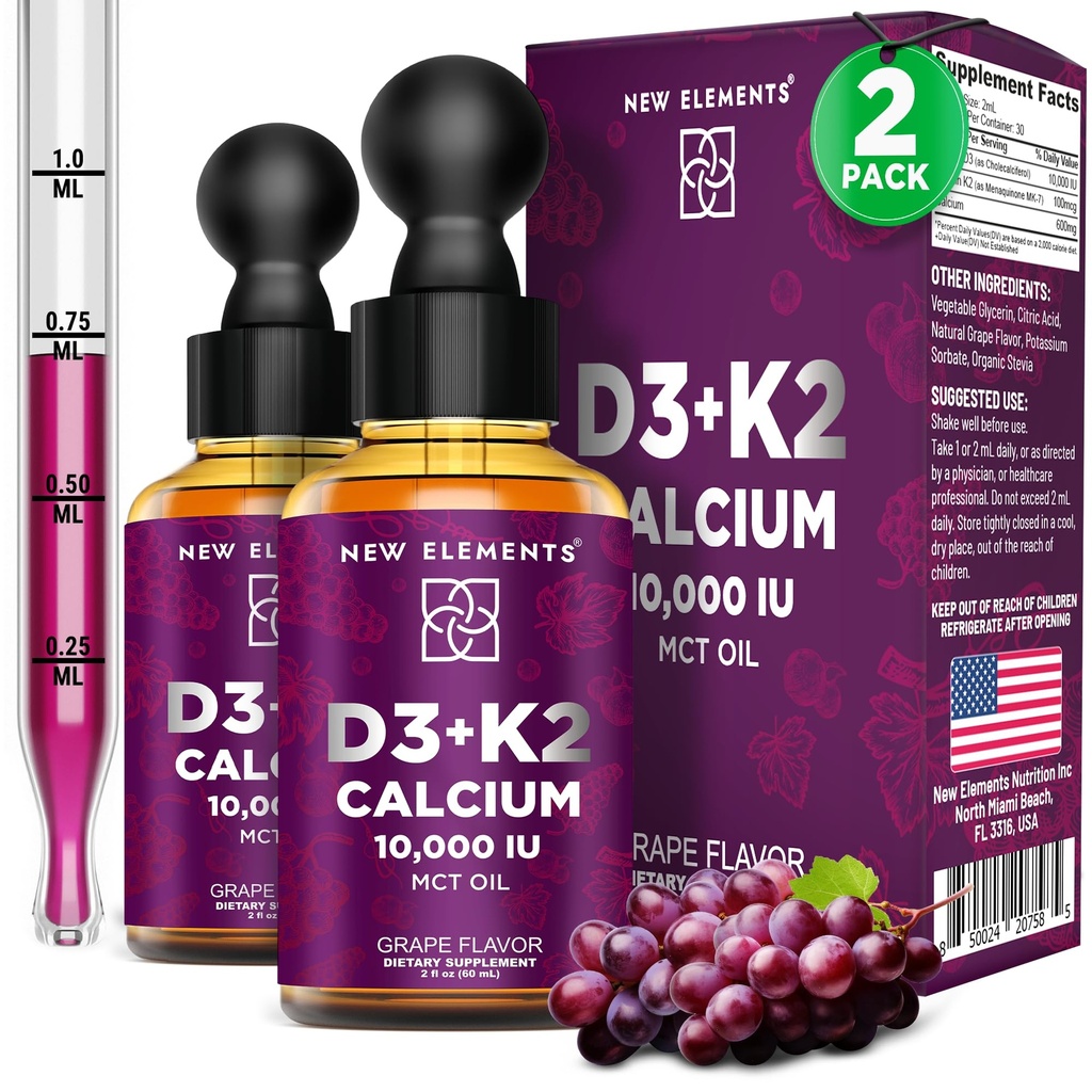 Nouveaux éléments [2 Pack] Vitamine liquide D3 K2 gouttes avec du calcium pour les adultes.
