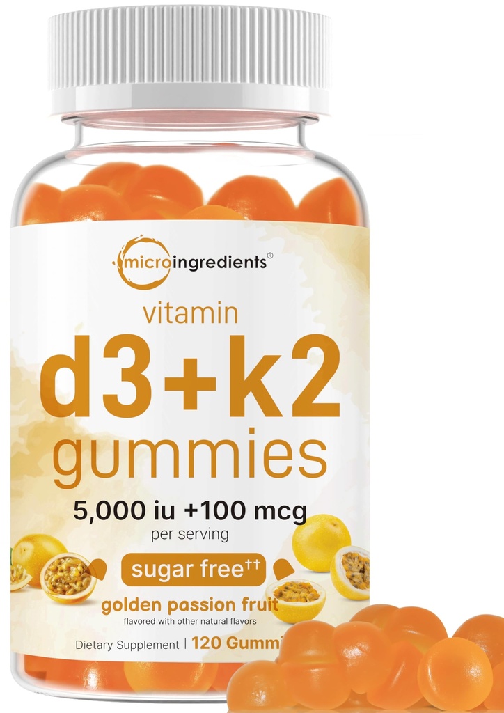 Micro Ingredients Vitamin D3 K2 Gummie, 120 Count | 5.000 IU Vitamin D + 100 mcg K2 MK-7 | Knochen, Immun- und Herzgesundheitsergänzungsmittel* | Zuckerfrei Golden Passion Frucht Geschmack | Non-GMO, Glutenfrei