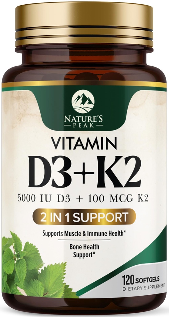 Vitamine D3 K2 - Vitamine D3 5000 UI par softgel - Supplément Vitamine D3 à haute puissance - Vitamine complexe 2-en-1 D et Vitamine K2 (MK7) - Support facile à avaler, os et immunitaire - mis en bouteille États-Unis - 120 softgels