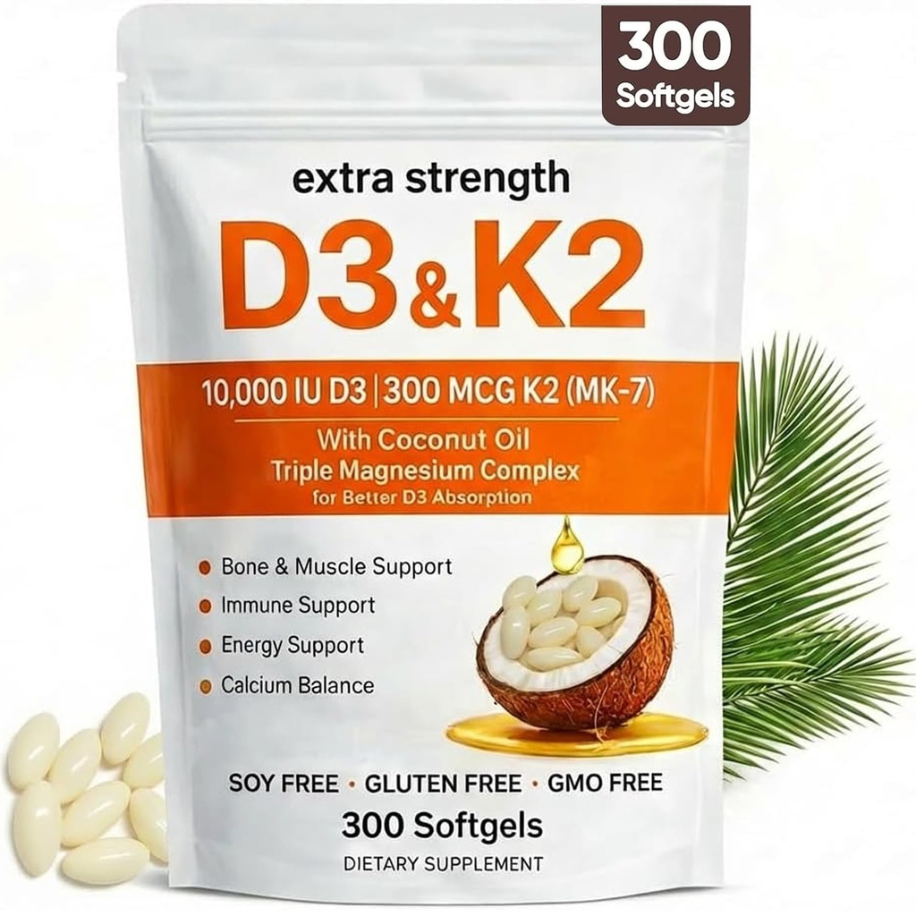 ELVERA Vitamine D3 K2 Complexe de magnésium, extra-résistance D3 et K2 avec triples softgels de magnésium, D3 K2 Vitamine 10000 UI softgels(1)