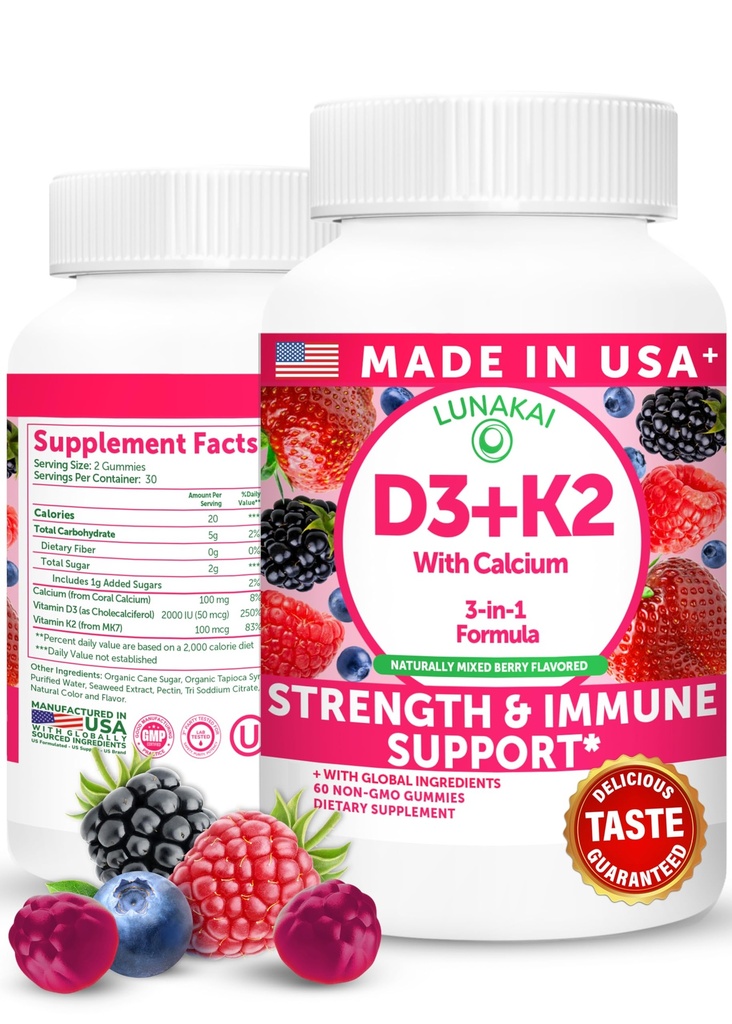 Lunakai USA Hergestellte Vitamin D3 K2 Gummie mit Kalzium – 3-in-1 Tägliche vegane Ergänzung für Knochen und Immununterstützung für Frauen, Männer & Kinder, 60ct