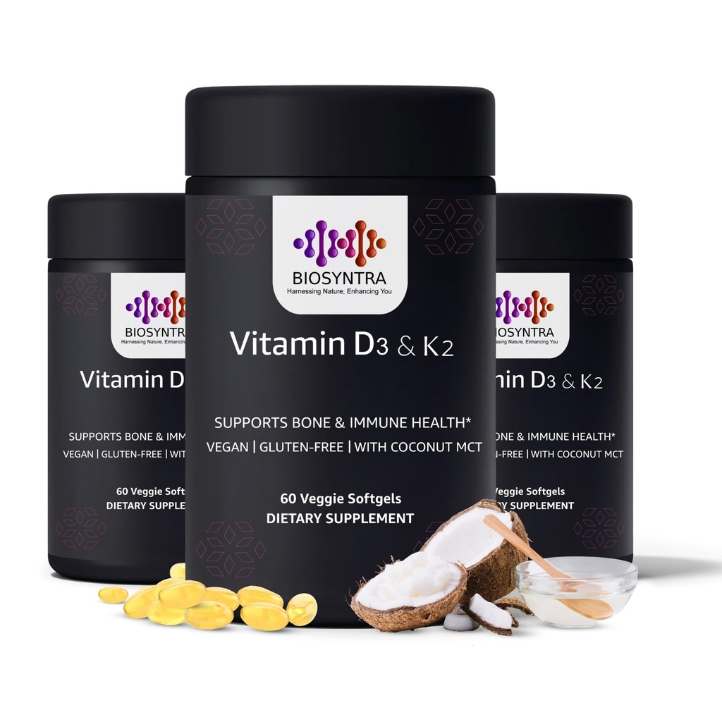 Vitamin D3 + K2 mit Kokosnussöl - Veganes Vitamin D 5.000 IE & MK7 Vitamin K 110mcg für Knochen-, Herz- und Immununterstützung, Nicht-GVO, Drittanbieter getestet, Sojafrei, hohe Absorption 60 Veggie Softgels
