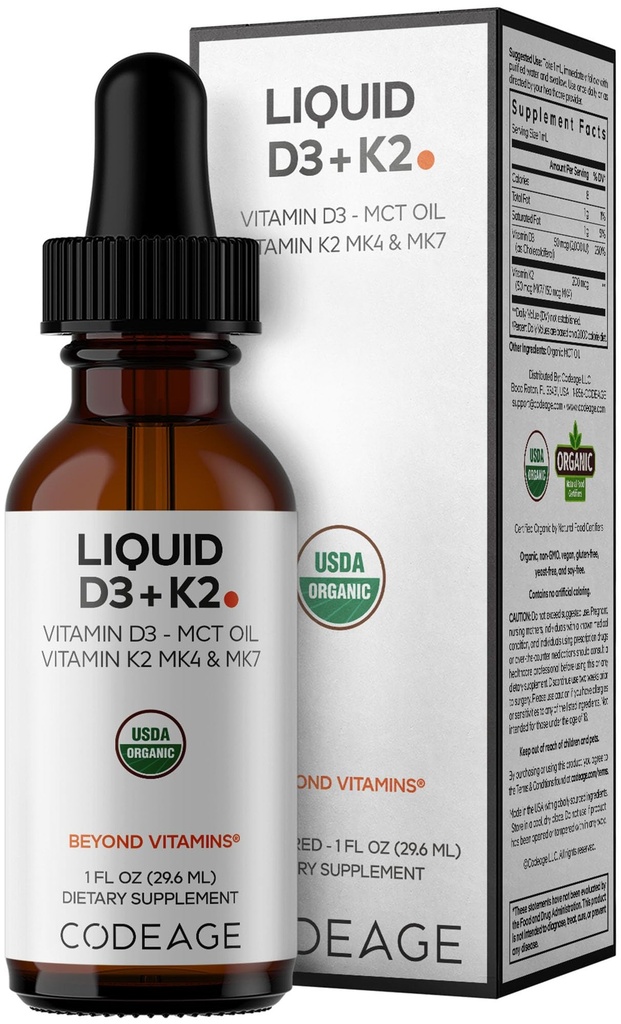 Kodierungsflüssigkeit D3+K2 Vitamine USDA Organic - Vitamin D3 2000 IU, Vitamin K2 (MK4 & MK7) Flüssigkeitstropfen - Immununterstützung - Entflammt - Organische MCT Öl - Non-GMO - 1 fl oz