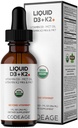 Kodierungsflüssigkeit D3+K2 Vitamine USDA Organic - Vitamin D3 2000 IU, Vitamin K2 (MK4 & MK7) Flüssigkeitstropfen - Immununterstützung - Entflammt - Organische MCT Öl - Non-GMO - 1 fl oz