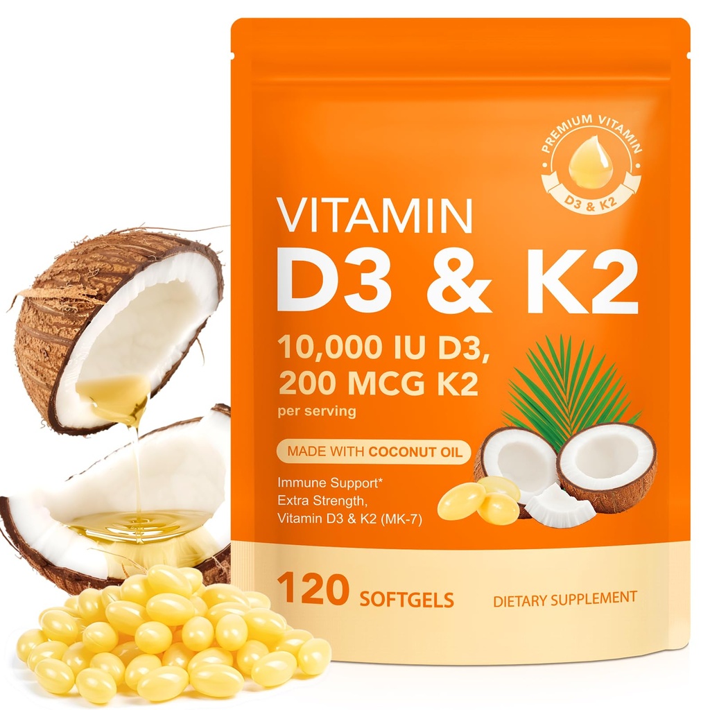 Vitamin D3 K2, D3 K2 Vitamin 10000 iu Supplement mit Kokosnussöl Softgels, 2 in 1 Formel 200 mcg (MK-7) Komplexe Softgels unterstützen Kalziumabsorption, Immun, Knochengesundheit D3 K2 Vitamin - 120 Softgels