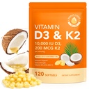 Vitamina D3 K2, D3 K2 Vitamina 10000 iu Supplemento con olio di cocco Softgels, 2 in 1 Formula 200 mcg (MK-7) Complesso Softgels Support Assorbimento di calcio, Immune, Bone Salute D3 K2 Vitamin - 120 Softgels