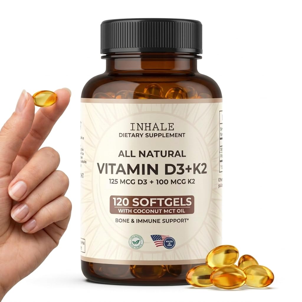 Inhalieren Sie Vitamin D3 + K2 mit Kokosnussöl – 5000 IE D3 & 100 mcg MK7 K2 für Knochen-, Herz- und Immununterstützung – Nicht-GVO · Sojafrei · Glutenfrei – 120 Softgels