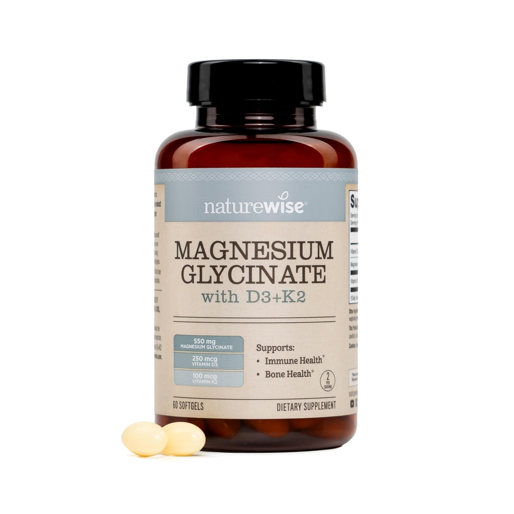 NatureWise Magnesium Glycinate 550mg + High-Dose 10000 IU Vitamin D3 K2 100 mcg - D3 K2 Magnesium Supplement - Chelat für hohe Absorption - Knochenunterstützung - Non-GMO, USA Hergestellt - [30-Day Supply]
