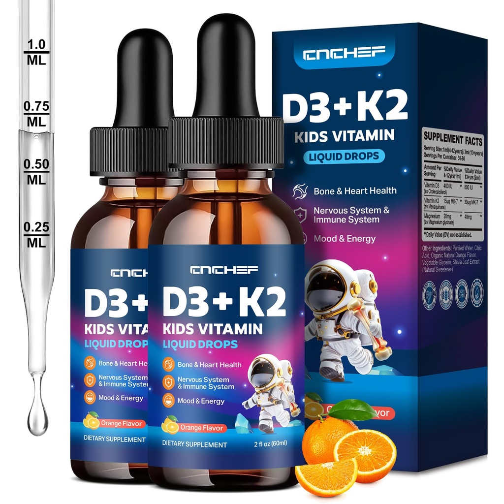 2PCS Vitamin D3 K2 Tropfen für Kinder - Flüssige Ergänzung mit Magnesium für Calciumabsorption, Gelenkgesundheit, Zähne &amp; Herz - Non-GMO, Vegan, Orange, 4 Fl Oz - Kinder Alter 4+