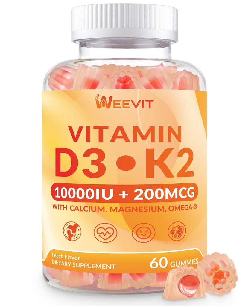 WEEVIT Vitamina D3 K2 Gummies, Zucchero Vitamina D3 K2 w/Calcium, Magnesio, Omega-3, Vitamina C, B12, K2 D3