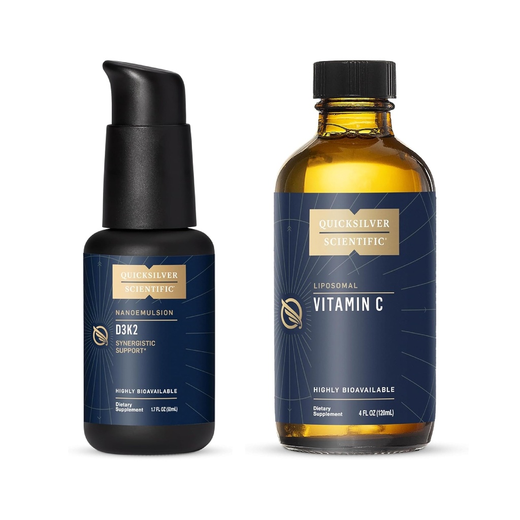 Quicksilver Scientific Nanoemulsified D3K2 - Vitamina liquida emulsionata D3 + K2 MK7 Liposomal Vitamina C Bundle