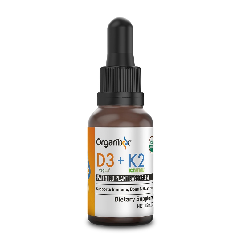 Organixx D3 K2 Supplément, soutient la santé osseuse et immunitaire, formule d'absorption biodisponible et facile avec huile MCT, pour le bien-être général, mélange nutritif propre, non OGM, 15 ML, 30 portions