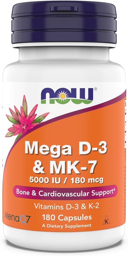 Maintenant Suppléments, Mega D-3 & MK-7, 5000 UI / 180 mcg, Bone & Cardiovascular Support*, Vitamines K-3 & K-2, 180 Capsules