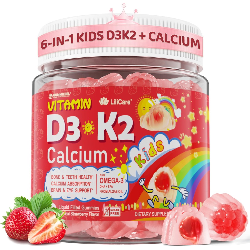Vitamine D3 K2 + Gommies liquides de calcium pour enfants et adolescents, 1000UI / 2000UI D3 avec magnésium, Omega Algal 3, Vitamines pour enfants pour os et dents, Absorption de calcium, Cerveau, Immune, Sans sucre, 60Cts