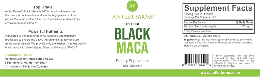 Antler Farms - 100% Pure Black Maca Root, 130 Capsules, 1500mg – Cresciuto nel Plateau Junin in Perù, Energia maschile, Vitalità & Stamina, Equilibrio ormonale, Memoria & Clarity Mentale