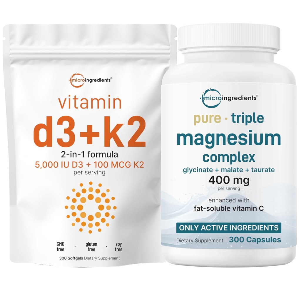 Micro-ingrédients Vitamine D3 5 000iu + K2 100mcg Softgels & Pure Triple Magnésium Complex 400mg Capsules de D & K essentiels Vitamines de D & K Glycinat, Malate et Taurate