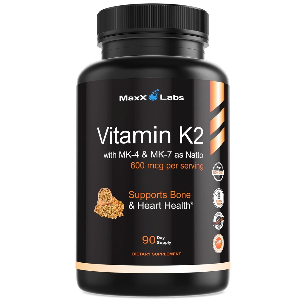 Supplément Vitamine K2 - Spectre complet Vitamine K2-MK7, MK4 et Vitamine D - Haute résistance K2 fonctionne avec Vitamine-D3 - Vitamine-K 600mcg - Soutient la santé des os - 90 capsules