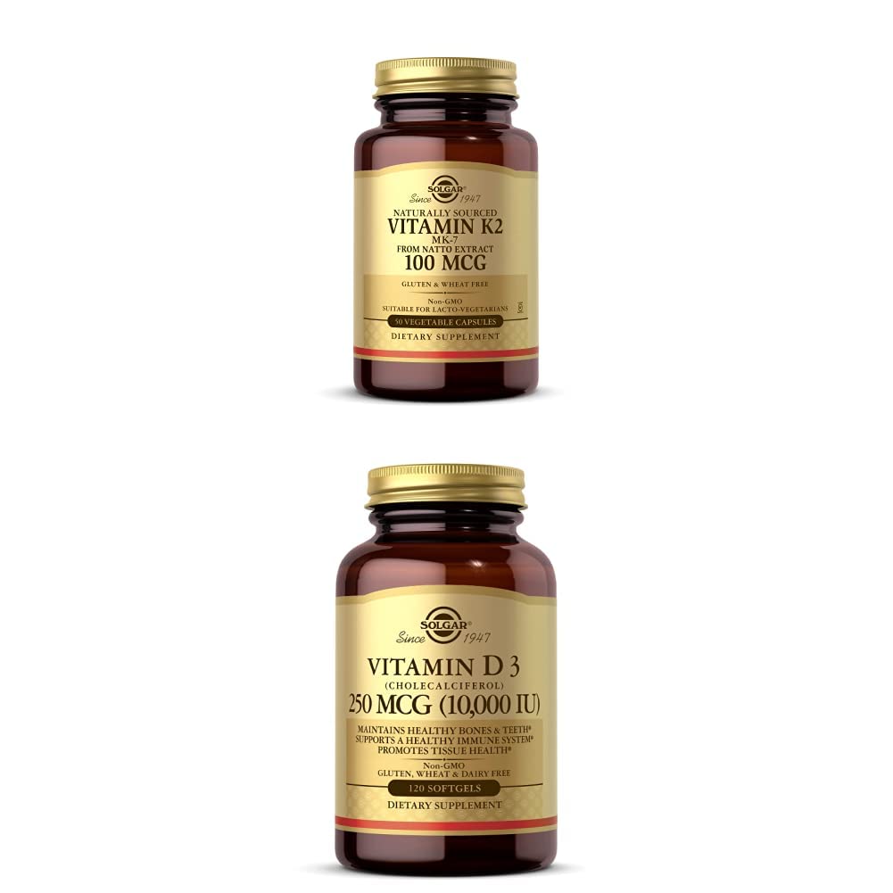 Solgar Vitamin K2 (MK-7) 100mcg, 50 pflanzliche Kapseln - Unterstützt Knochengesundheit Vitamin D3 (Cholecalciferol) 250 MCG (10.000 IU), 120 Softgele - Immunsystemunterstützung