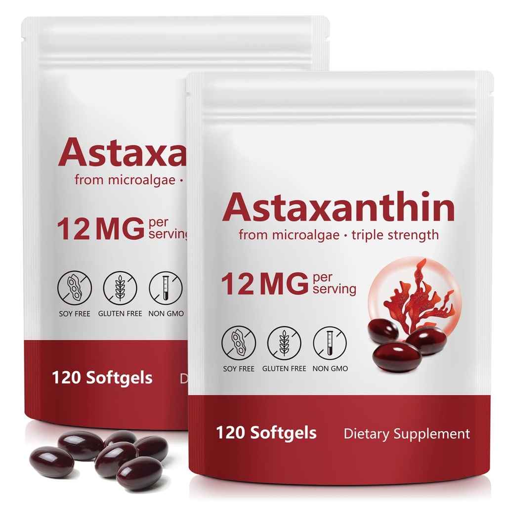 Xaarty 2Pack Premium Astaxanthine 12mg, Supplément antioxydant naturel pour les yeux, les articulations, la santé de la peau, source de microalgues, 4 mois d'approvisionnement