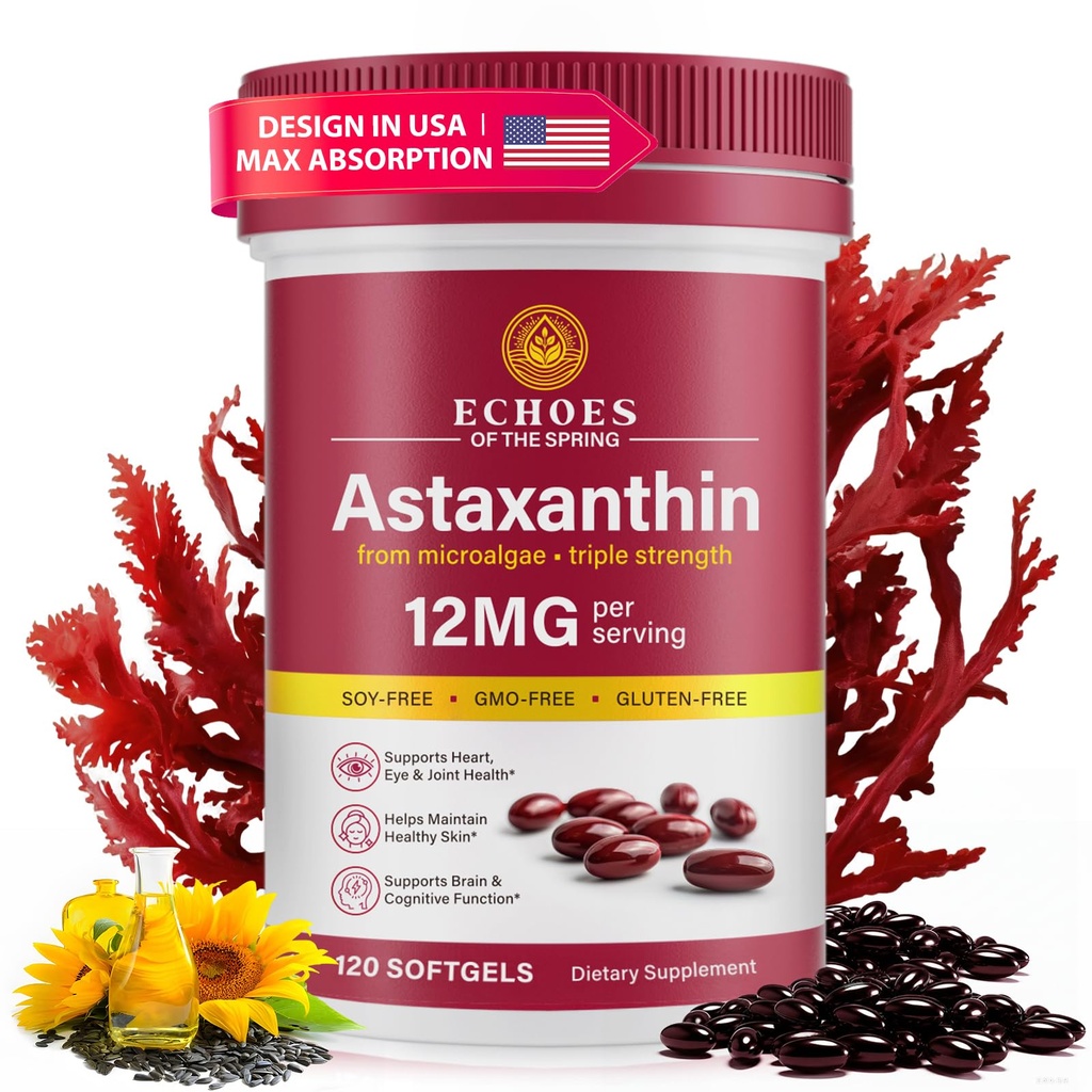 Astaxanthin 12mg – Natürliches Astaxanthin aus Haematococcus Pluvialis, Triple Strength Antioxidant Supplement für Augen-, Haut-, Gelenk- und Immununterstützung (120 Count (Pack of 1))