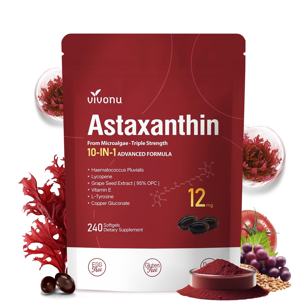 10 in 1 Astaxanthin 12mg Nahrungsergänzungsmittel, 4 Monate Versorgung, Astaxantina Antioxidans aus frischem Haematococcus Pluvialis, Enthält Lycopen, Trauben Seed, Vitamin E, & More Unterstützt Augen, Gelenke, Hautgesundheit