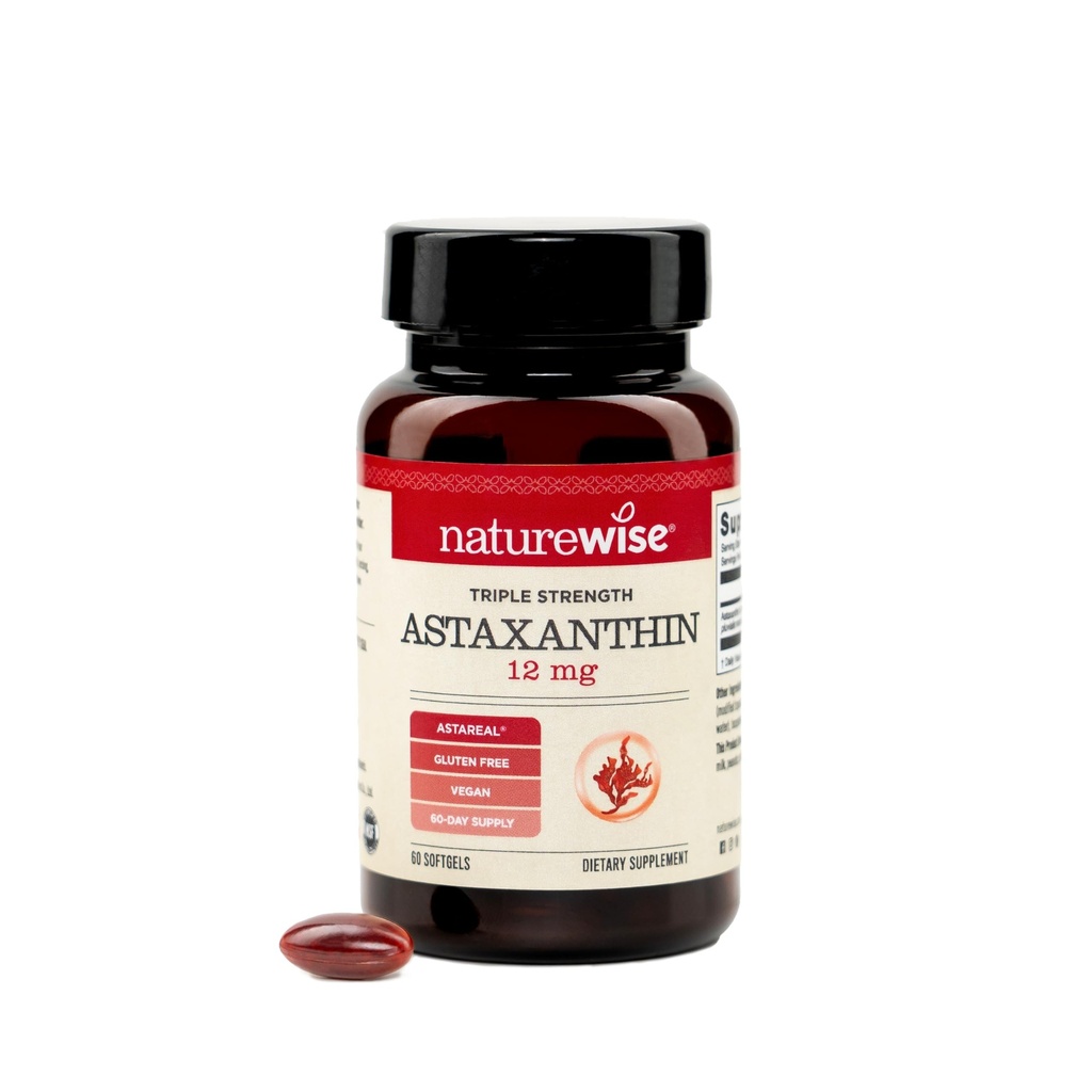 NatureWise Triple Strength Astaxanthin 12mg mit AstaReal® - Vegan Antioxidante Ergänzung mit Bio Kokosöl - NSF zertifiziert Glutenfrei, Non-GMO - 60 Softgels[60 Day Supply]