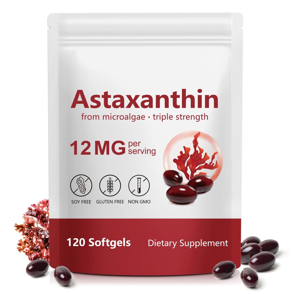 Tiuedu Astaxanthin 12mg, 120 Softgels, 4 mois d'approvisionnement, suppléments antioxydants Astaxanthin, soutient les yeux, les articulations, la circulation interne, la santé de la peau