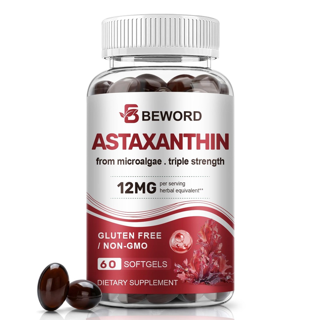 BEWORD Astaxanthin 12mg mit MCT-Öl, 60/120 Softgels 2-Monats-Versorgung | Premium Antioxidans Ergänzungen | Natürliche Mikroalgen, Dreifache Stärke | Unterstützt Haut und Augengesundheit | Non-GMO, Gluten & Soy-Free