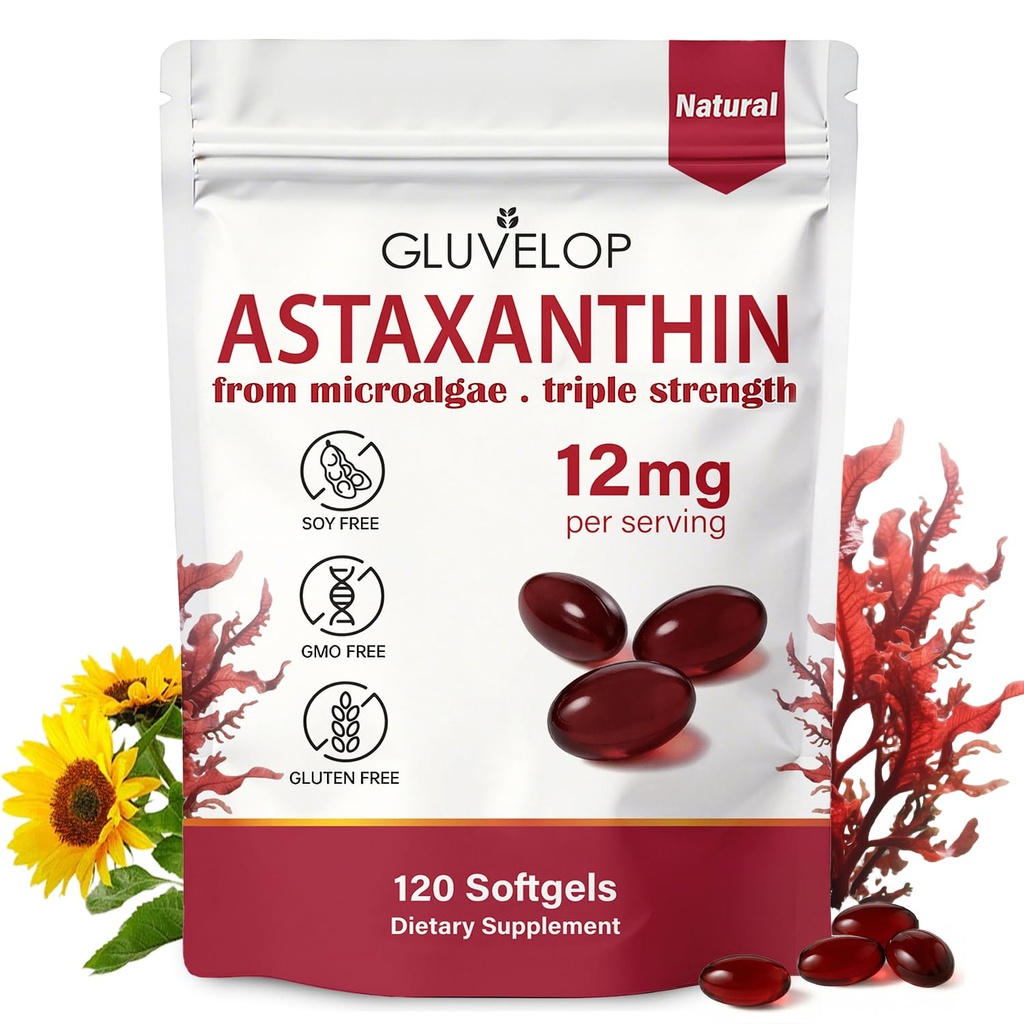 Astaxanthin 12mg, Premium Astaxanthin Antioxidans Ergänzungen, Unterstützt Augen, Haut, Immun, innere Zirkulation, Frische Mikroalgenquelle, Dreifache Stärke, Non-GMO, 4 Monate Versorgung, 120 Softgels