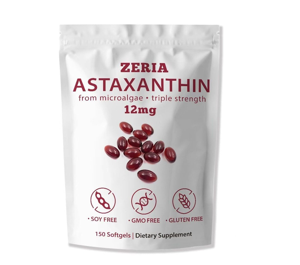 ZERIA Astaxanthin 12mg, 150 Softgels - Natürliches Mikroalgen-Antioxidans für Augen-, Haut- und Immununterstützung, 4-Monat-Versorgung(1pcs)