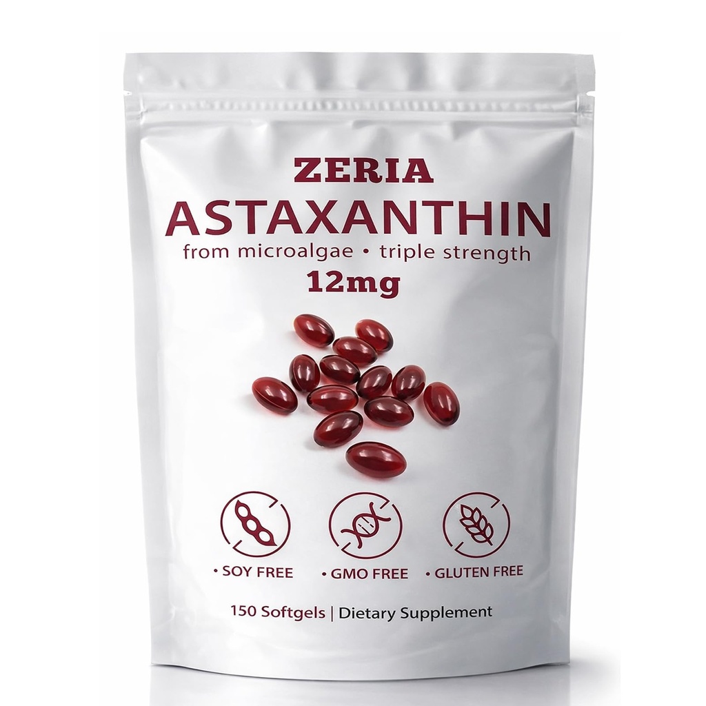 ZERIA Astaxanthin 12mg, Naturmikroalgen Antioxidans für Augen-, Haut- und Immununterstützung - 150 Softgels