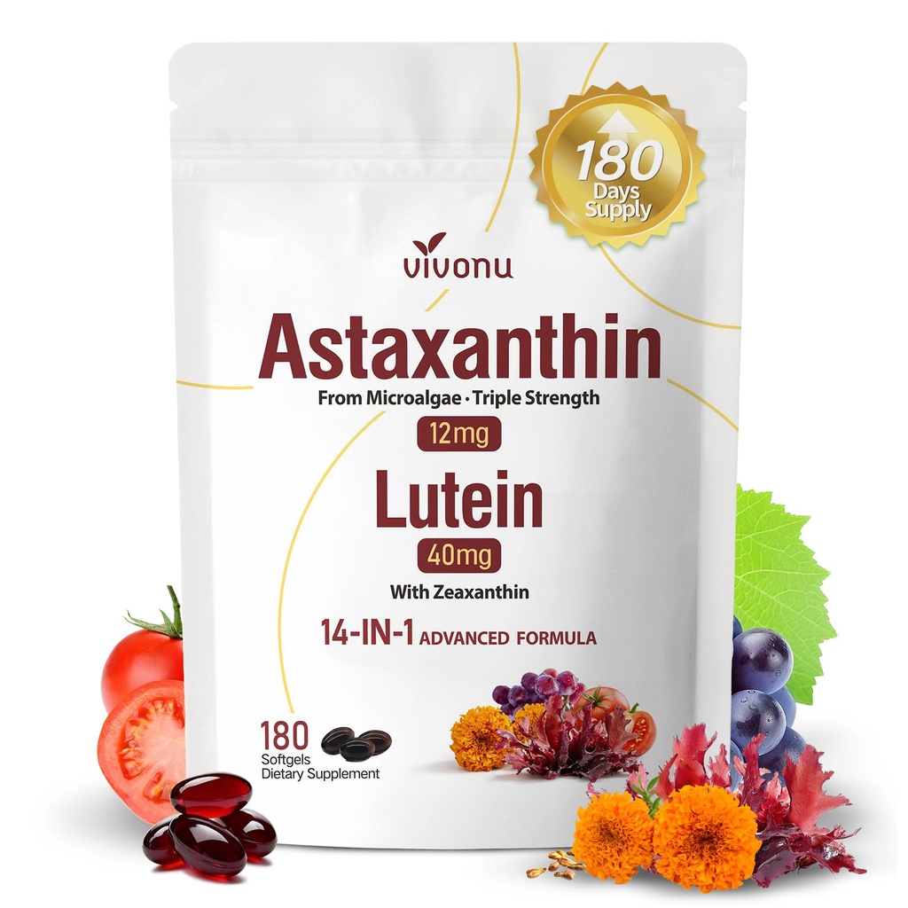 14-en-1 Astaxanthine 12mg et lutéine 40mg avec supplément de zéaxanthine, 6 mois d'approvisionnement, source de microalgues fraîches, soutient les yeux, la peau, antioxydant, articulaire, circulatoire santé non-OGM sans gluten 180 Softgels