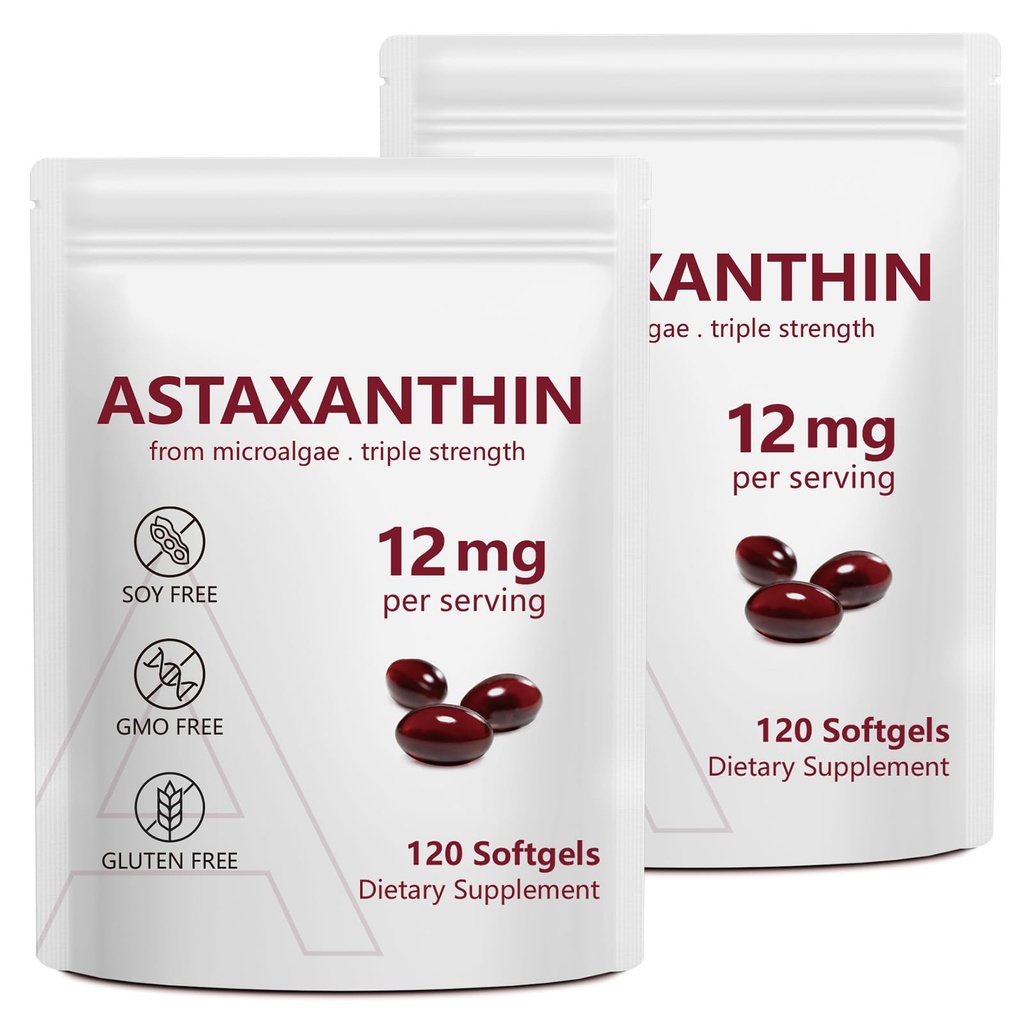 2 Pack Astaxanthin 12mg, Premium Astaxanthin Antioxidantien-Ergänzungen mit Antioxidantien-Aktivität, unterstützt Auge, Immune, Hautgesundheit, Interne Zirkulation