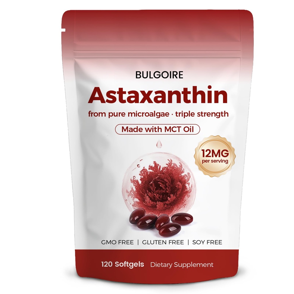 Astaxanthin 12mg mit MCT-Öl – 120 Softgels, Premium Astaxanthin Bio-Ergänzungen, für Nieren, Augen & Haut, Natürliche Microalgae Quelle, Triple Strength, Non-GMO & Gluten Free (Pack von 1)