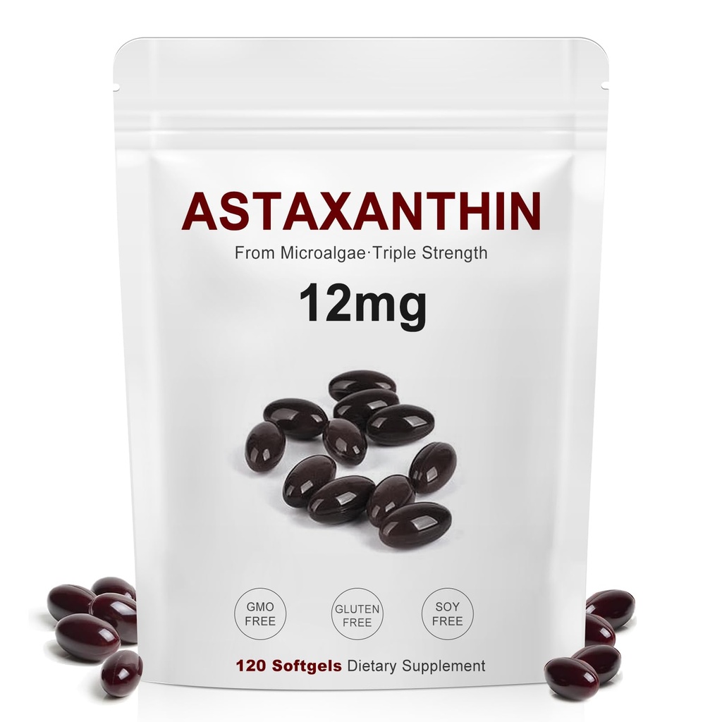 Astaxanthin 12mg, Antiossidante naturale per pelle, occhi e supporto misto | Anti-invecchiamento, Circulation interna & Immune Boost, Microalgae Source, 4 mesi di alimentazione, Non-OGM, Gluten Free, 120 Softgels