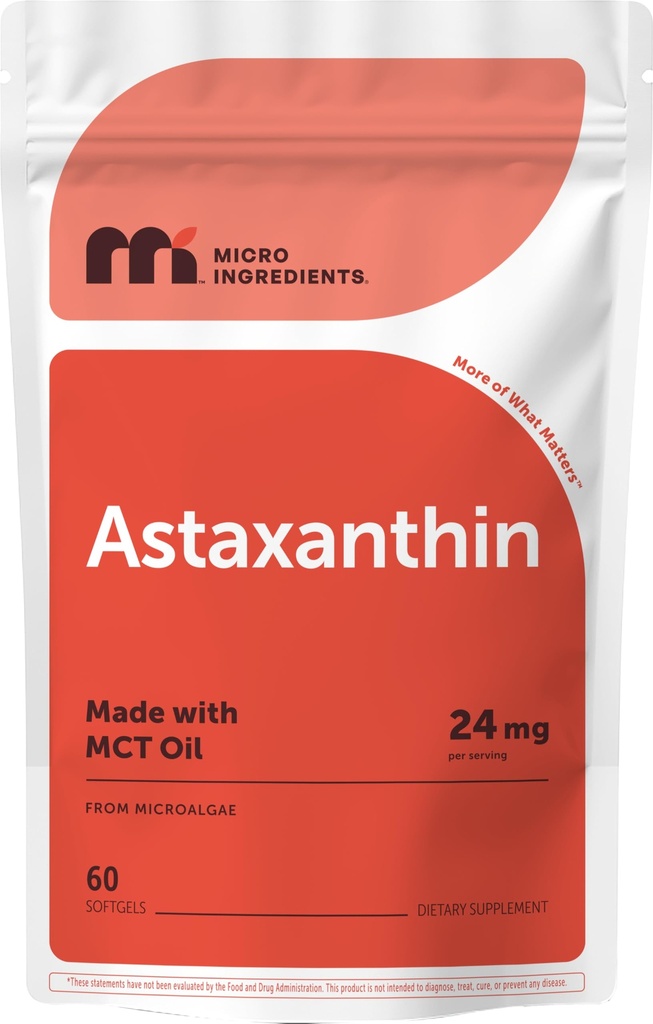 Micro ingredienti Astaxanthin 24mg con olio MCT, 60 Softgels, 2 mesi di alimentazione | Max Resistenza Astaxanthin Antiossidante Integratori | Microalghe fresche Fonte | Non OGM, Gluten Free, No Soy