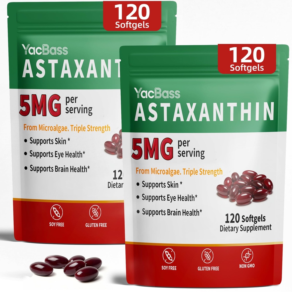 2Pack Suppléments Astaxanthine 12mg - Astaxanthine Premium pour l'oeil, le cerveau, la peau et le soutien immunitaire, source de microalgues, 240 Softgels