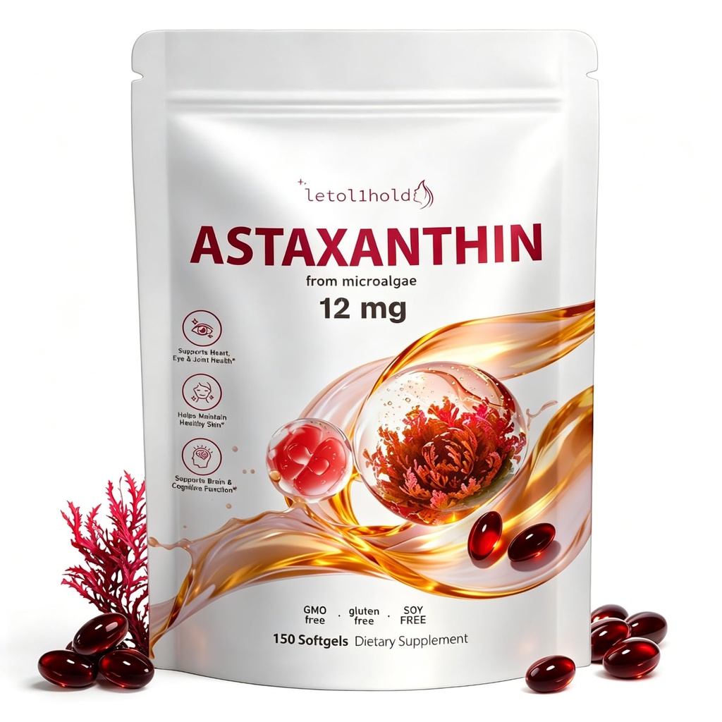 Astaxanthin 12mg, 150 Softgels - 5 Monate Versorgung, Astaxanthin Ergänzungen aus frischem Microalgae, Non-GMO, Glutenfrei, leicht zu schlucken