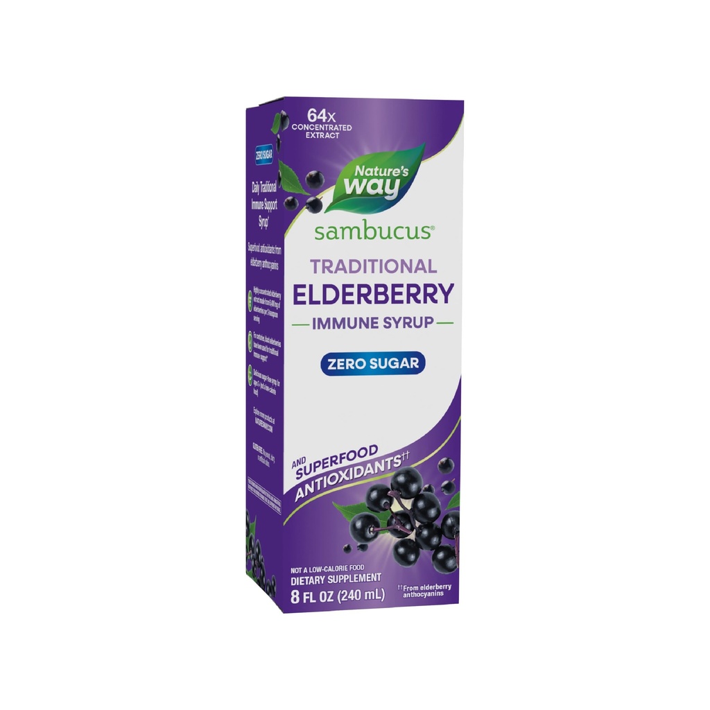 Nature’s Way Sambucus Zero Sugar Traditionelle Immunsirup, hochkonzentrierter schwarzer Elderberry-Extrakt, traditionelle Immununterstützung*, Zuckerfrei, Berry Flavored, 8 Fl Oz (Packaging May Vary)