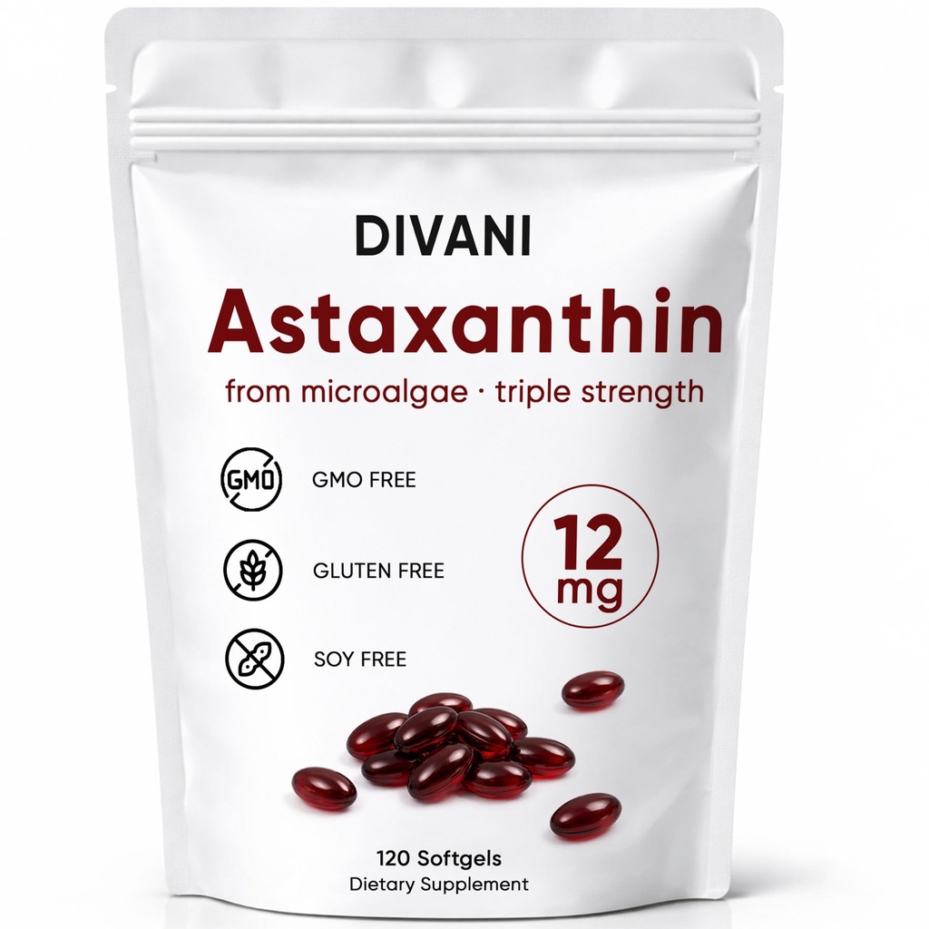 DIVANI Astaxanthin 12mg, Antioxidans-Ergänzung für tägliche Wellness, Immun-, Augen- und Hautunterstützung, Non-GMO, Glutenfrei - 120 Softgels