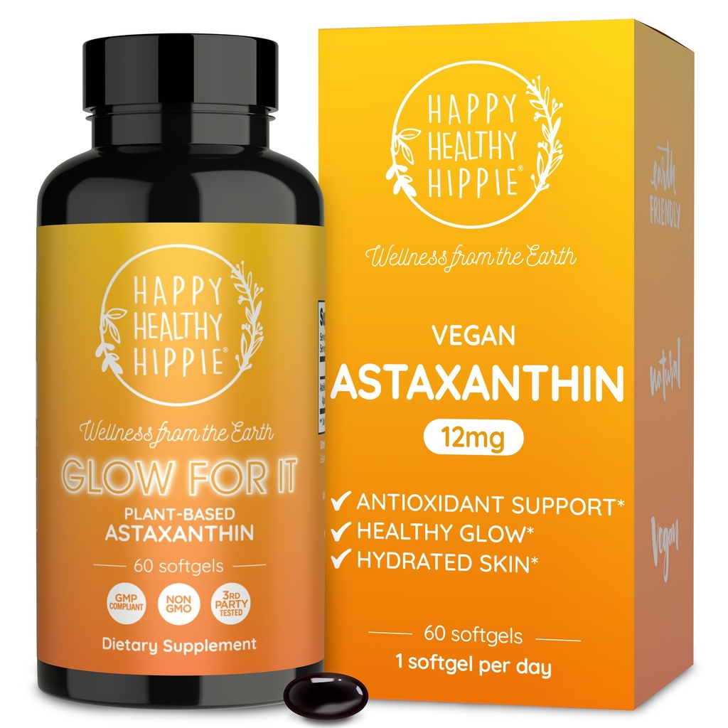 Astaxanthin Supplement 12mg | Antiossidante a base vegetale per l'idratazione della pelle, elasticità e luminosità Glow | Da Algae Extract | Non-GMO, Vegan, Made in USA | 2 mesi di alimentazione, 60 Softgels