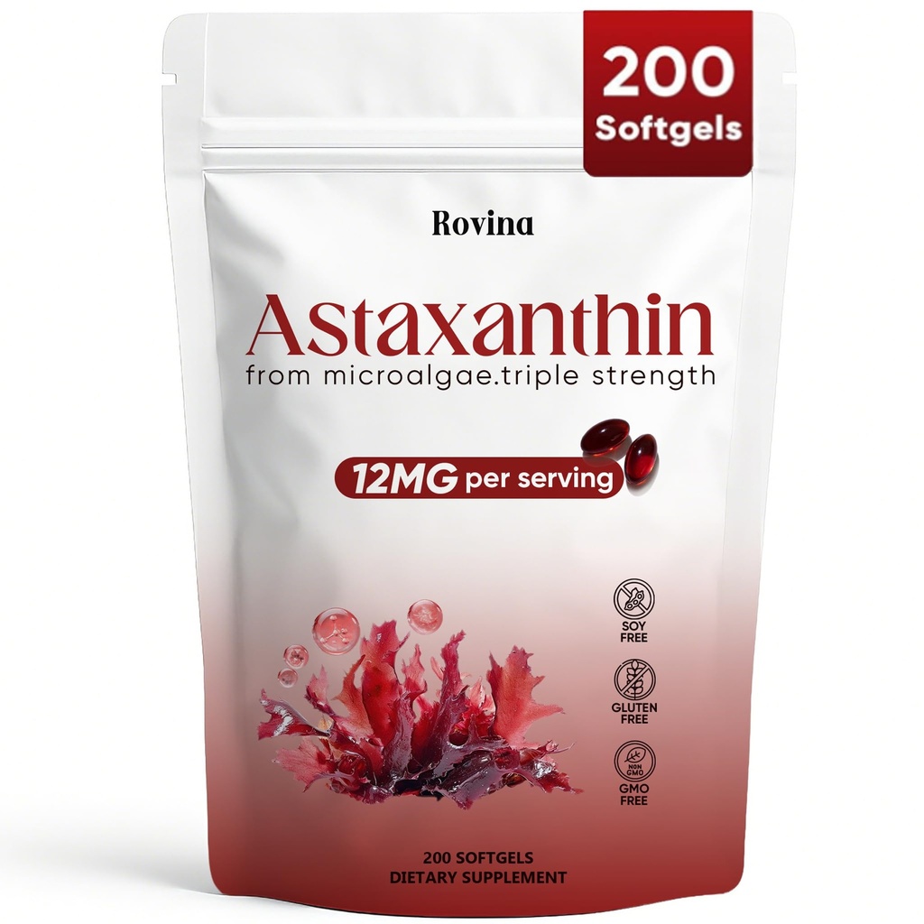 Rovina Astaxanthin 12mg, Astaxanthin Antioxidans Ergänzungen für Immun-, Augen-, Hautstützen, Non-GMO & Glutenfrei - 200 Softgels