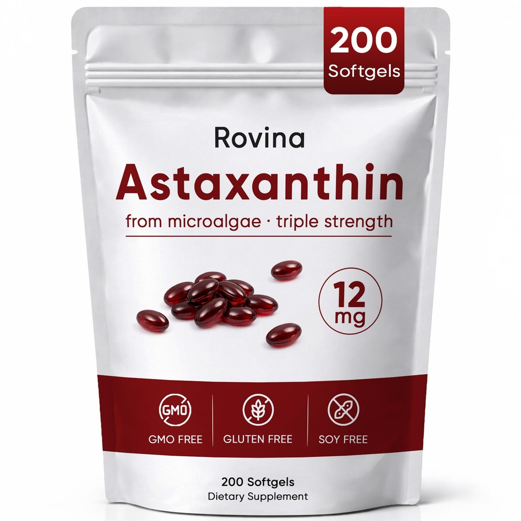 Rovina Astaxanthin 12mg Softgels, integratore antiossidante per il benessere quotidiano, Immune, Supporto per occhi e pelle, Joint, Circulation interna, Non OGM, Gluten Free - 200 Softgels (1)